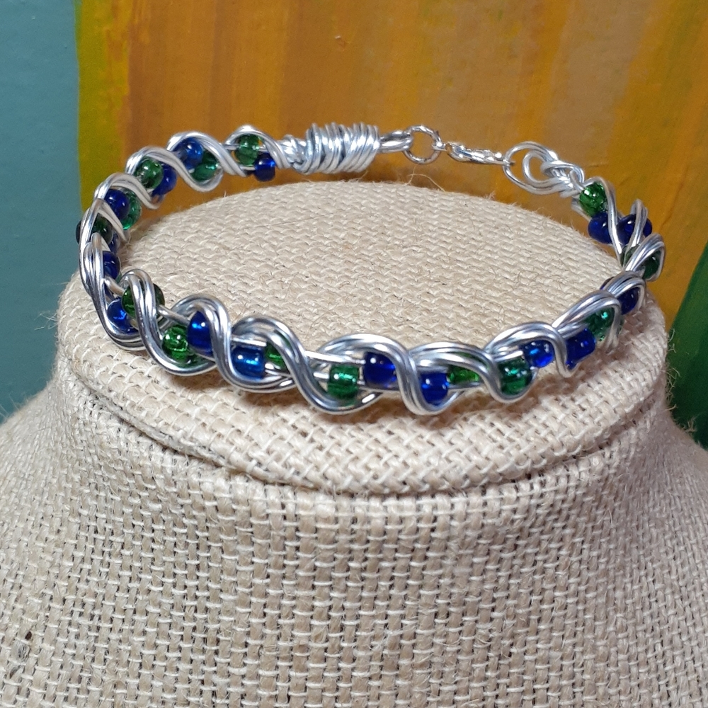 Blue Green Beaded Wire Bangle Bracelet